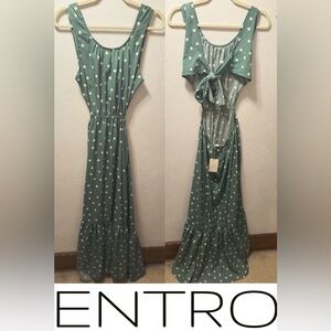 Entro Green Polka Dot Tie Back Maxi Dress Size M NWT
